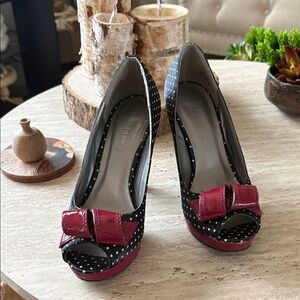Madden Girl Black and Red Polka Dot Peep-Toe Heels